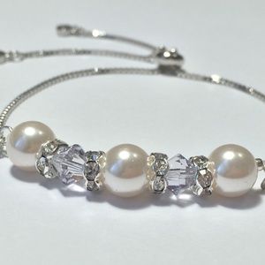 Ivory Glass Pearls w/ Gray Crystal Bolo Bracelet